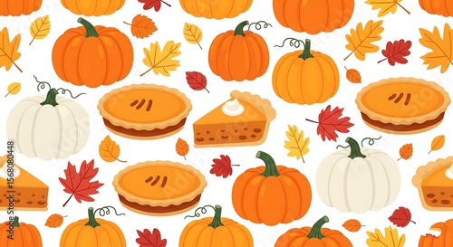 Festive autumn seamless pattern featuring pumpkins pumpkin pie and fall leaves on white background