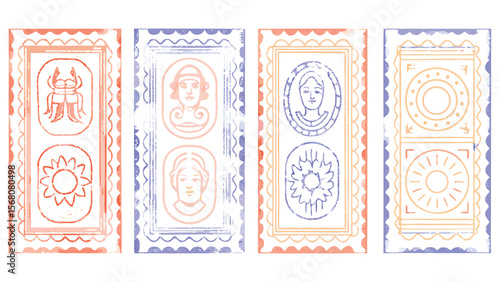 Collection of six vintage style postage stamps with decorative borders