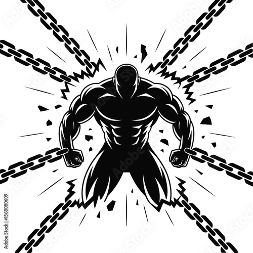 Muscular man breaking chains silhouette isolated on transparent background