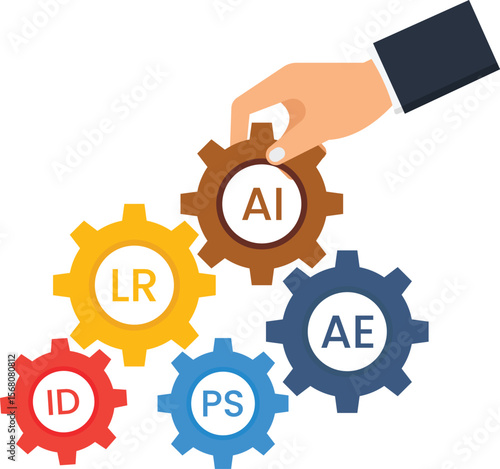 AI Automation and Design Software Integration Concept Illustration Hand Holding Gear Wheel with ID LR PS AE Elements for Business Proces