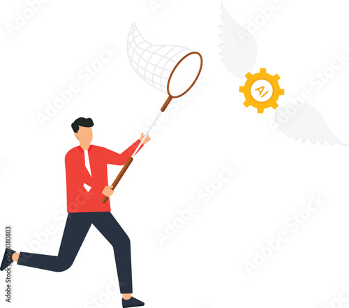 Businessman Chasing AI Gear with Wings Concept Illustration for Technology and Innovation, Artificial Intelligence, Machine Learning