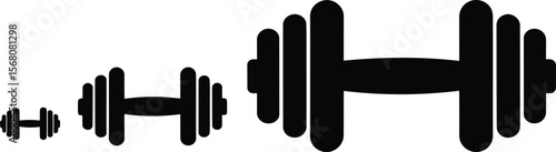 Three black dumbbell silhouettes of increasing size isolated on transparent background silhouette