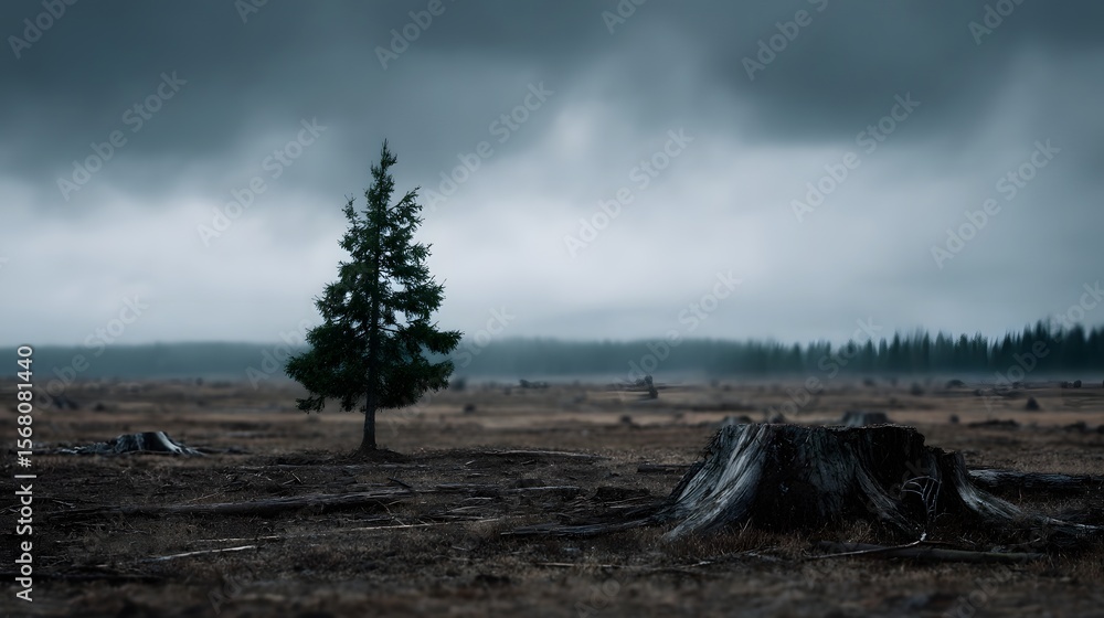 Obraz premium A lone tree stands among the stumps in a vast empty landscape under a dramatic sky