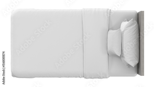 Top-down view of a minimalist single bed with a light wood headboard and clean white bedding, isolated. 3D render.