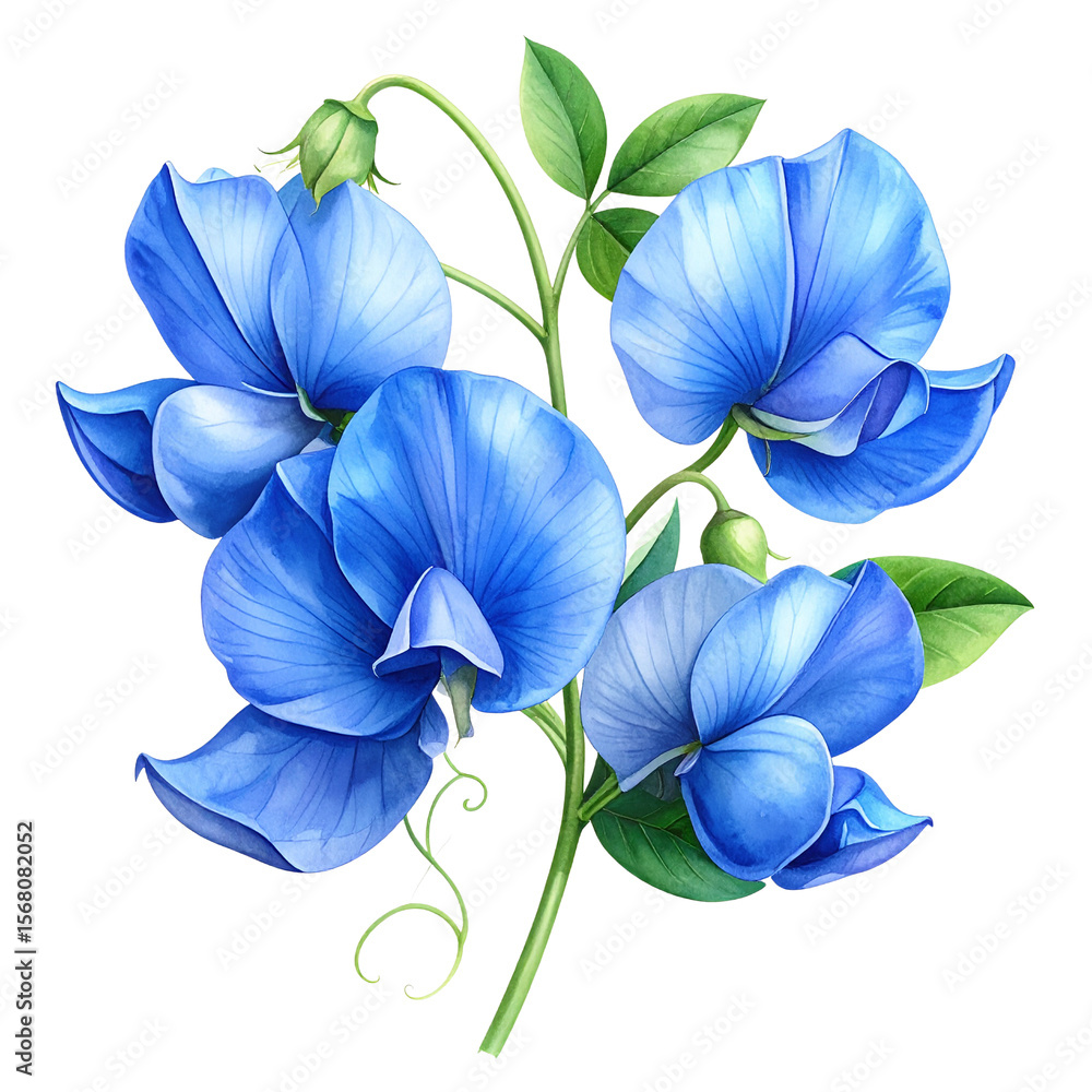 Fototapeta premium Watercolor Style Blue Sweet Pea Blooms with Green Vines, Transparent PNG Cutout