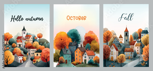 Hello autumn set of watercolor postcards. Watercolor autumn city with houses, hills, trees and street lamps. Watercolor postcards with illustrations of autumn city. Hand drawn autumn illustration.