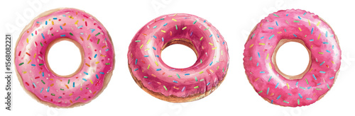 Watercolor set of pink donuts png. Donuts with pink glaze and colored sprinkles. Trendy fast food sweets. Elements for pastry shop, bakery, cafe, etc. Vector illustration.