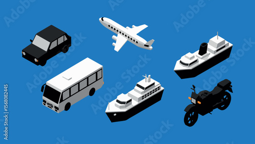 Isometric illustration of various modes of transportation on a vibrant blue background