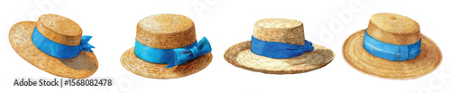 Watercolor set of straw summer hats. Straw hats with blue ribbon and bow. Beach women's accessories. Summer beach vacation concept. Vector illustration.