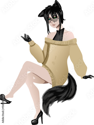 Stylish cat girl with short hair wearing a dress and sunglasses, perfect for character design, pop culture, or fashion-themed concepts