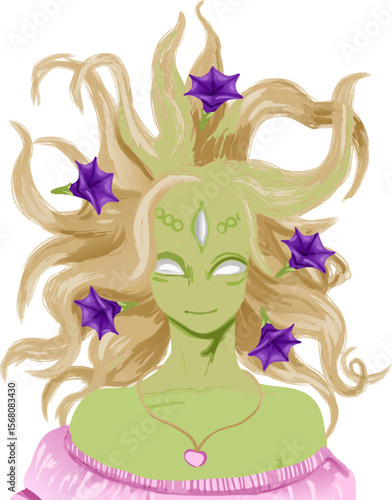 Mysterious alien girl with trumpet-shaped blossoms woven into her hair, perfect for creative projects blending nature and outer space.