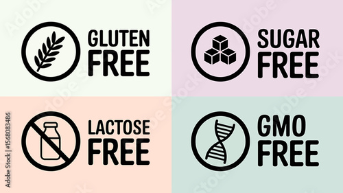 Four circular icons representing gluten free sugar free lactose free and gmo free food labels