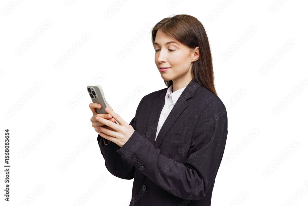 Professional woman engaged in mobile device activity, exuding confidence in a stylish business suit at a bright location Professional woman engaged in mobile device activity, exuding confidence in a stylish business suit at a bright location