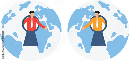 Global Business Expansion Concept Illustration Two Businessmen Emerging from Keyholes World Map International Trade