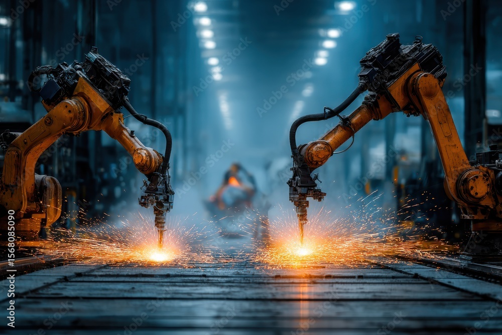 Advanced Robotic Welders Working in Perfect Sync on Production Line for Efficient Manufacturing Process Advanced Robotic Welders Working in Perfect Sync on Production Line for Efficient Manufacturing Process