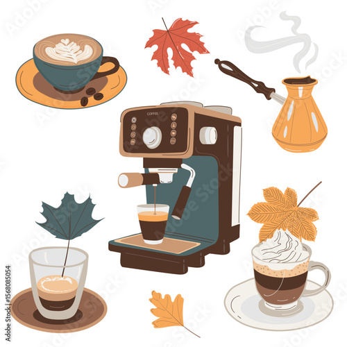 Coffee set. Vector image of cups and glasses with coffee drinks, coffee machine and coffee pot