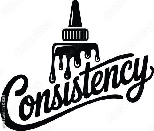 Word consistency with dripping glue bottle silhouette isolated on transparent background