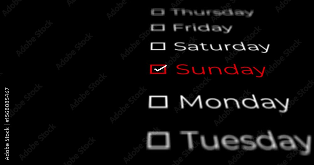 Calendar design showing the days of the week in a list and stopping on SUNDAY marked with a checkered square on a black background or overlay.