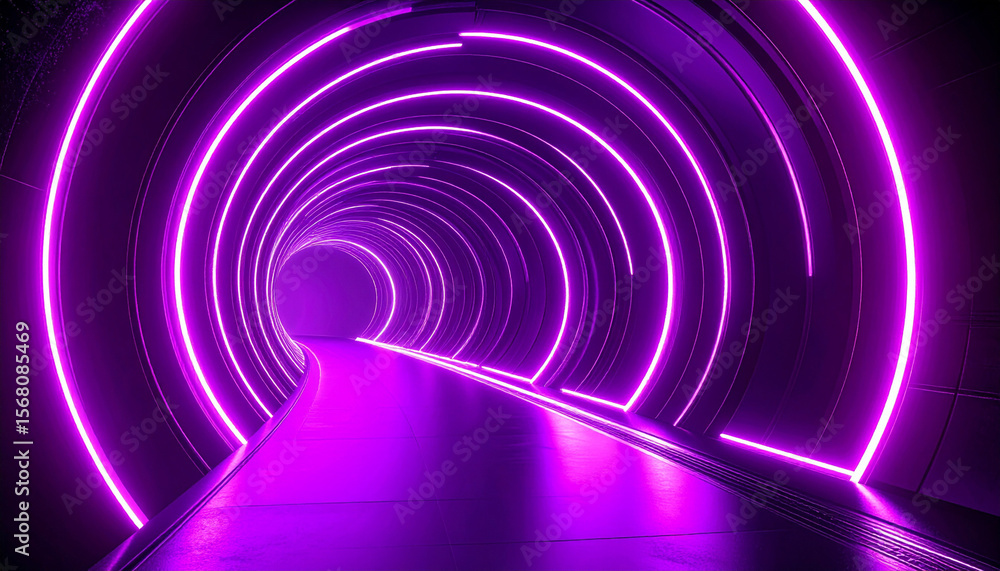 Naklejka premium 紫の光が導く未来型ネオントンネル