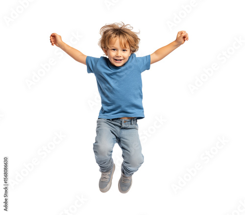 Happy boy wearing a blue t-shirt and grey jeans jumping for joy isolated on a transparent background