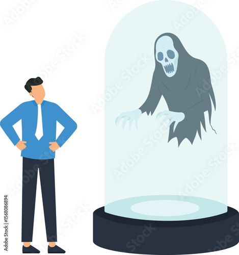 Businessman Confronting a Grim Reaper in a Glass Display Illustration Concept of Fear, Risk, and Business Challenges, Halloween Theme