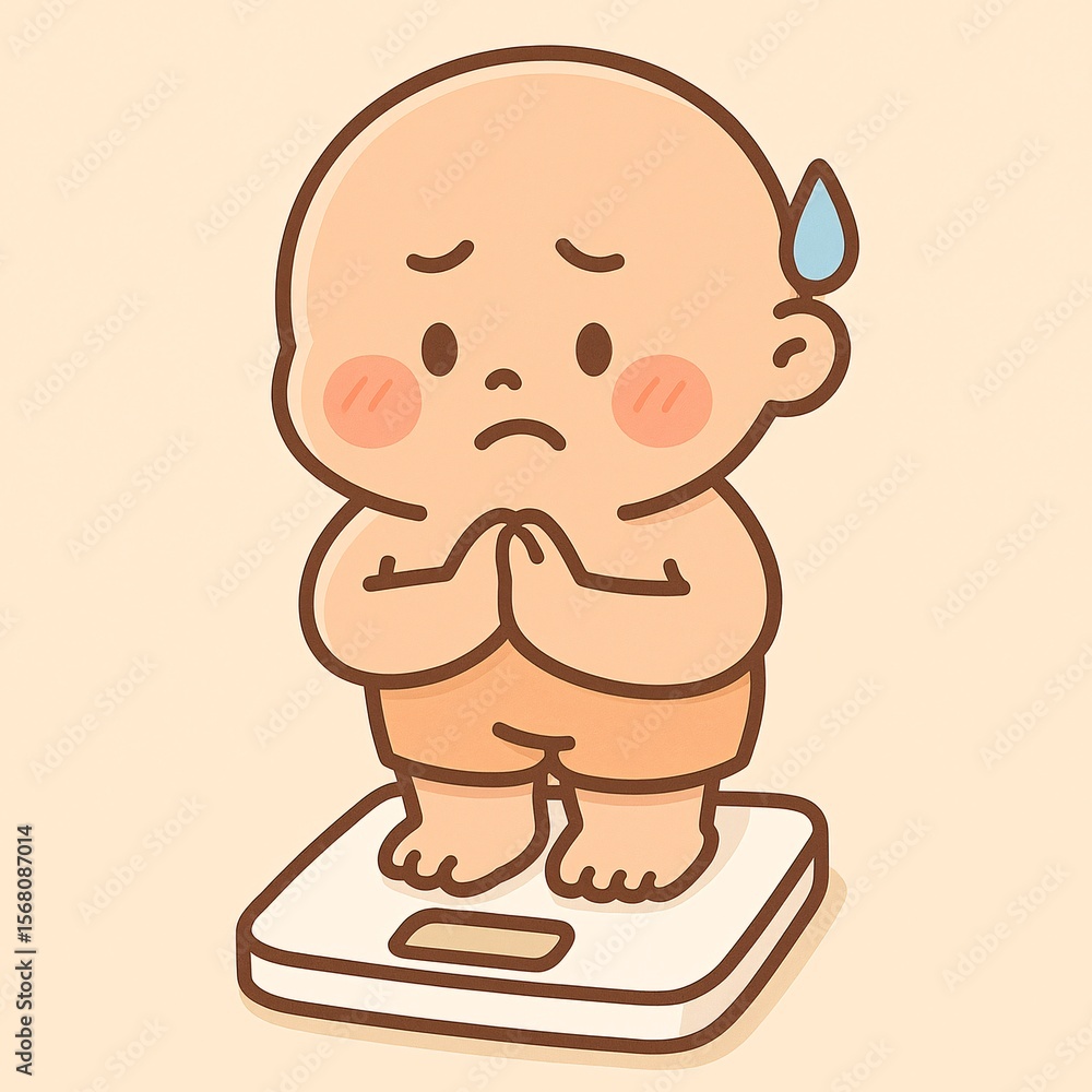 Fototapeta premium Cute Character Worried About Weight on a Scale
