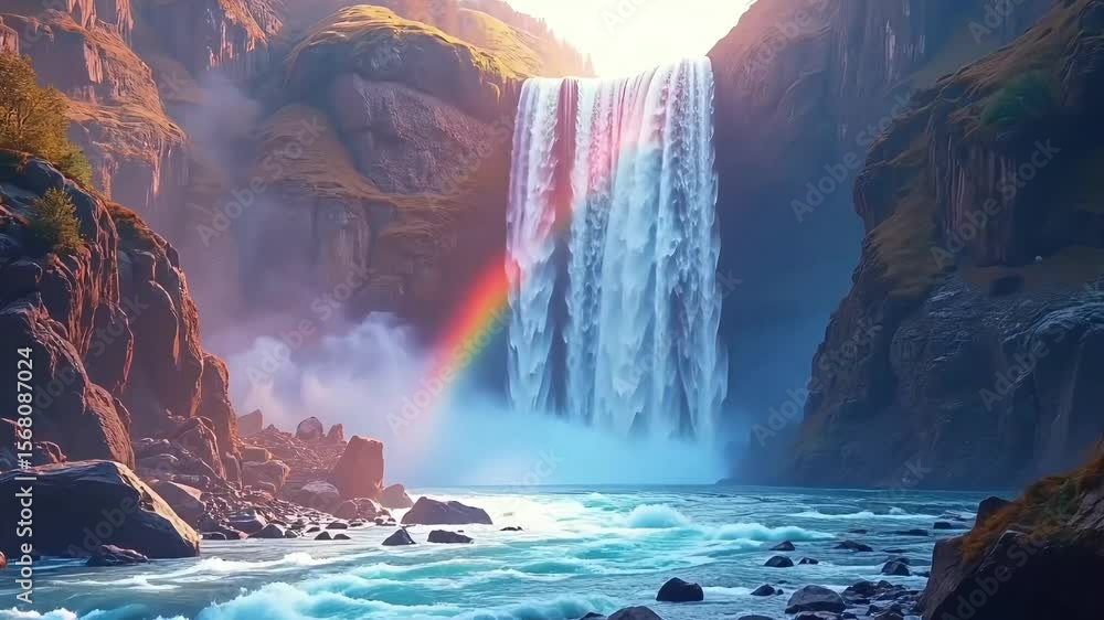 custom made wallpaper toronto digitalVibrant waterfall cascading down rocky cliffs into a serene valley with a visible rainbow through the mist, showing nature’s majestic beauty.