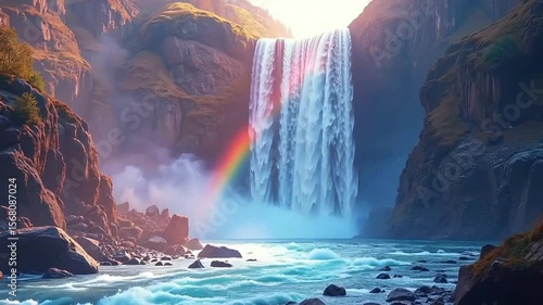 Wallpaper Mural Vibrant waterfall cascading down rocky cliffs into a serene valley with a visible rainbow through the mist, showing nature’s majestic beauty. Torontodigital.ca