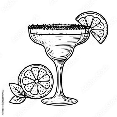 Hand-drawn vector of a classic margarita with salted rim, citrus garnish, lime and leaf. Elegant black-and-white line art perfect for menus, packaging, branding, and editorials