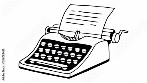 Vector illustration of a vintage typewriter with a sheet of paper, writing and creativity theme, black and white