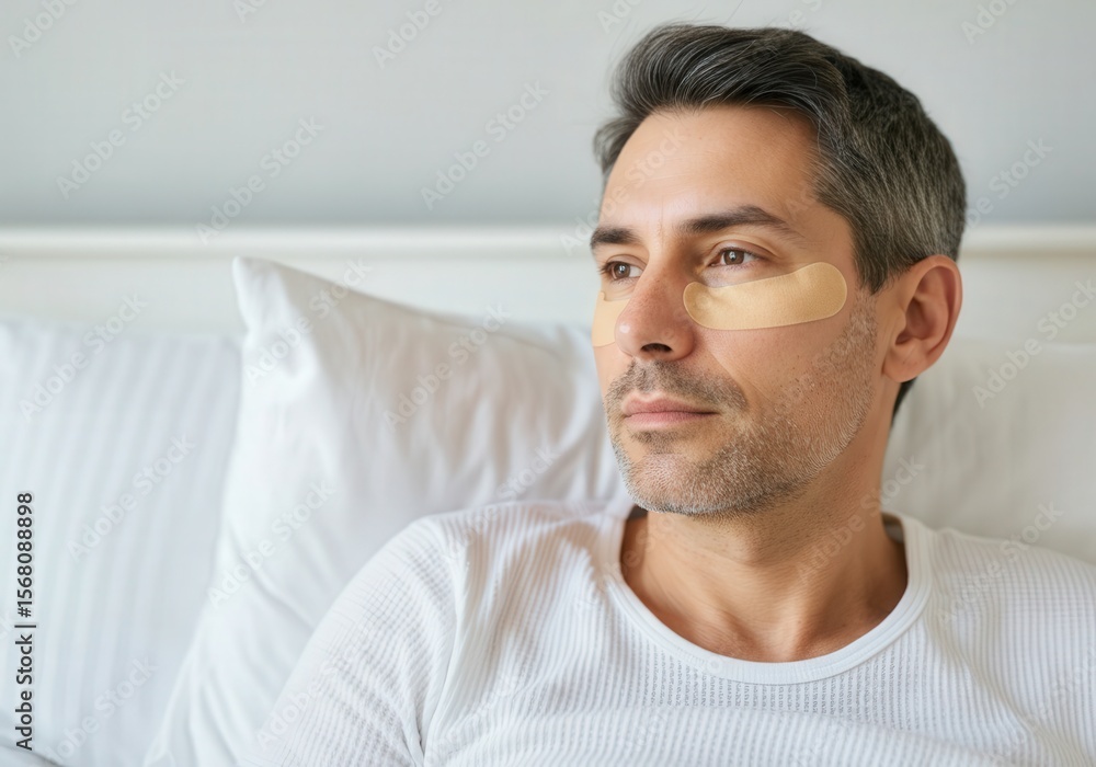 Fototapeta premium Mature man with neutral-colored face tape relaxing in bed for skincare routine