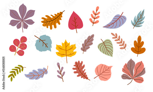 Large colorful set of autumn leaves in various shapes and colors. Hand-drawn flat style. For seasonal, botanical, nature, or fall-themed designs and decorations.