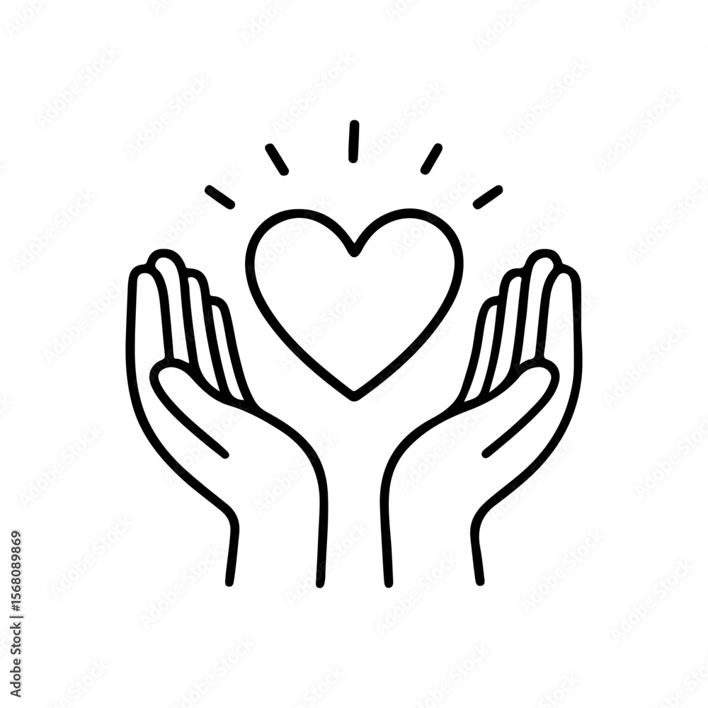 Fototapeta premium Heart and hands icon representing kindness and care in a minimalist vector illustration. Perfect for wellness, charity, and health-related content. SEO keywords: compassion, support, love.