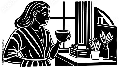 Vector illustration of a woman in a bathrobe enjoying a cup of tea at home, cozy and relaxing atmosphere, black and white