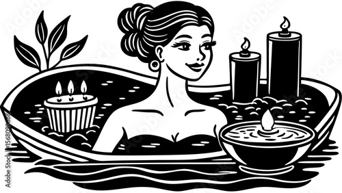 Vector illustration of a woman enjoying a relaxing bath with candles, wellness and spa theme, black and white