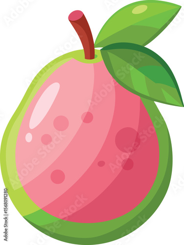 Vibrant Guava: A close-up studio shot of a fresh, ripe guava, boasting a verdant exterior and a rosy interior, punctuated by seeds and delicate green leaves.
