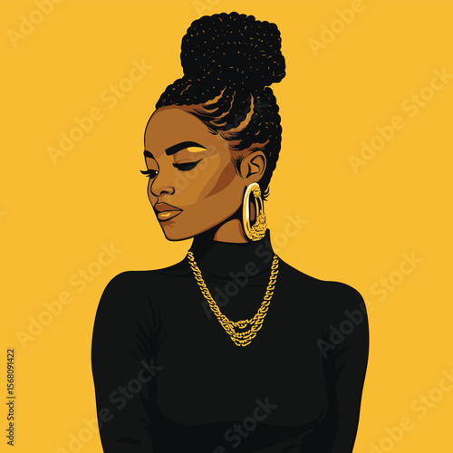 African woman with box braids in bun, wearing a sleek black dress with gold jewelry, stylish and elegant posture vector illustration