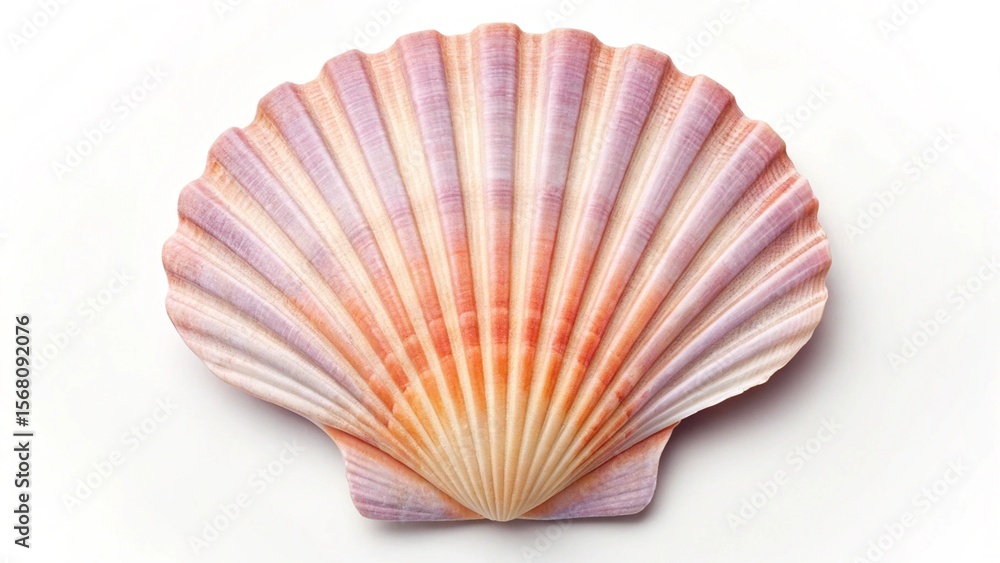 Fototapeta premium An exquisite fan-shaped scallop shell, boasting a magnificent spectrum of sunset colors, meticulously photographed with ample copy space, making it versatile for various creative