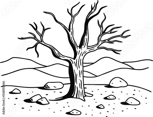 Barren Tree and Rocky Landscape: A stark, minimalistic illustration of a solitary, leafless tree stands in a desolate landscape. The image conveys themes of solitude, resilience.
