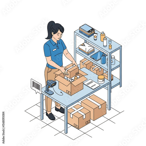 Warehouse worker organizing packages and logistics inventory.