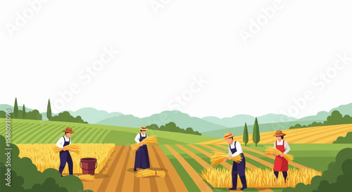 Sunny Countryside Landscape with Farmers Working and Wide Sky Space for Text in Flat Style