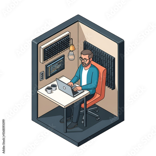 Man working remotely in a cozy soundproof office booth.