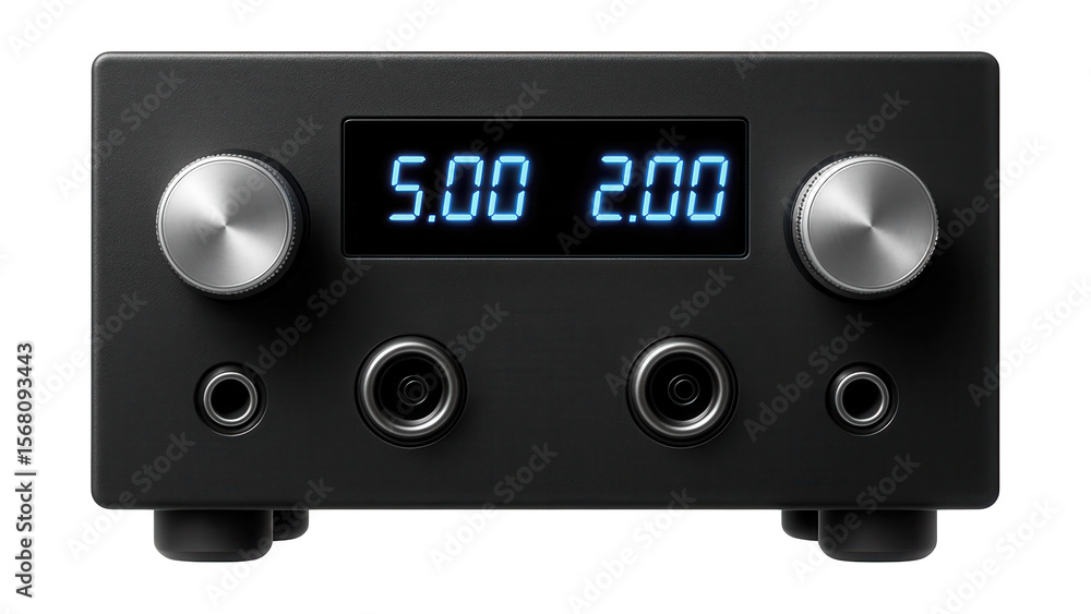 Fototapeta premium Dual-output linear power supply with a sleek black finish, ideal for a tech enthusiast's bedroom to charge multiple gadgets simultaneously.