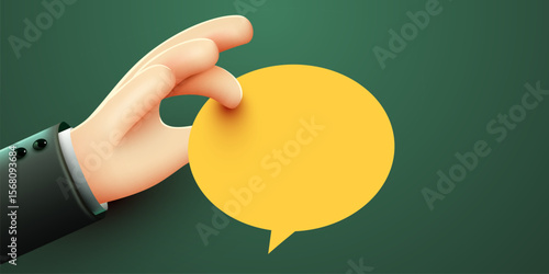 Hand holding a chat bubble. Communication concept. 3d cartoon style. Vector illustration