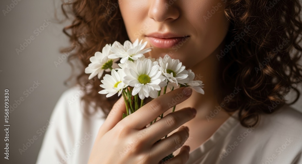 Naklejka premium Young caucasian female holding daisies with delicate smile and curly hair