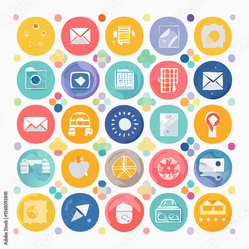 Colorful vector icons representing various concepts arranged in a visually appealing pattern