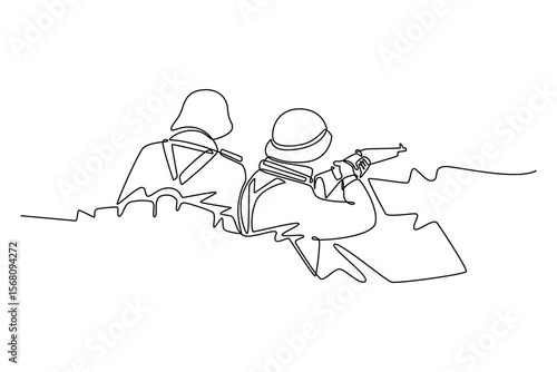 two soldiers aim at the enemy from a puddle.  world war concept. Single line draw design. Vector graphic illustration