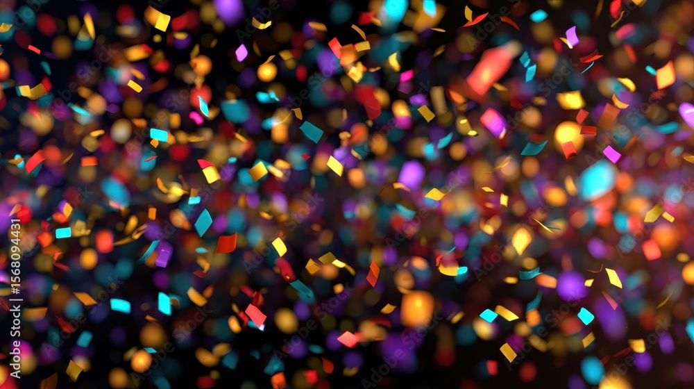 Naklejka premium Colorful confetti falling on dark surface, creating festive mood with bursting energy, celebrating moments of happiness and special occasion excitement