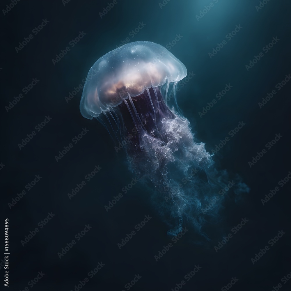 Ethereal deep sea jellyfish glowing with captivating bioluminescent tentacles Ethereal deep sea jellyfish glowing with captivating bioluminescent tentacles