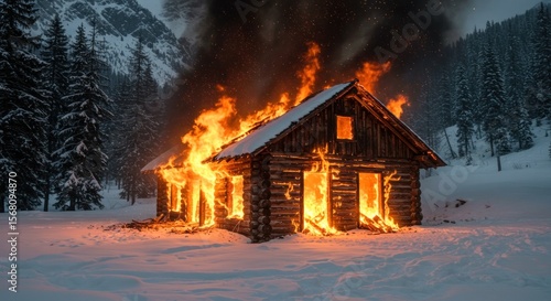 Wallpaper Mural Inferno in winter a remote cabin engulfed by flames amid a snowy landscape Torontodigital.ca